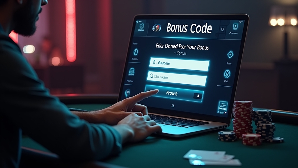 Spieler gibt im Casino einen Bonuscode am leuchtenden Formular ein