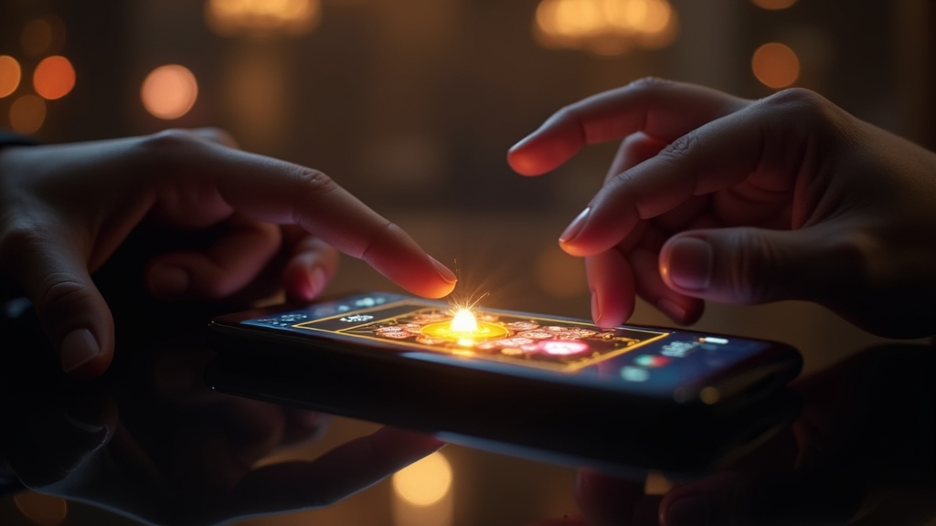 Smartphone mit App-Download im dunklen Casino-Ambiente